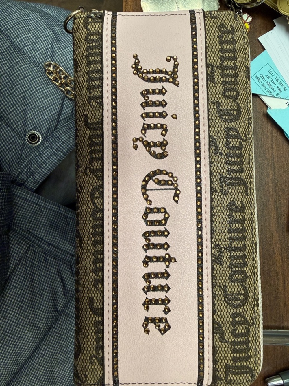 Juicy Couture Pink and Brown Studded Logo Wristlet